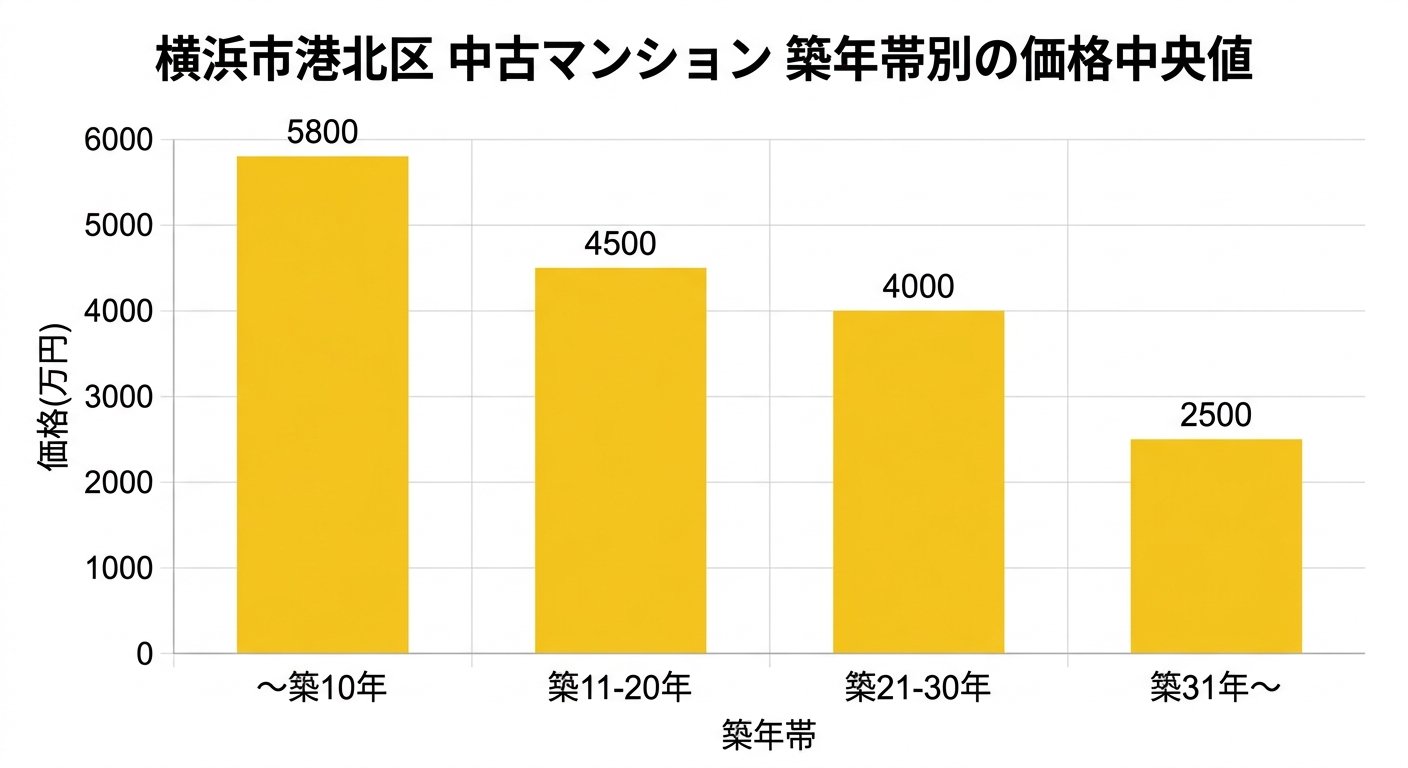 横浜市港北区 中古マンション築年帯別の価格中央値