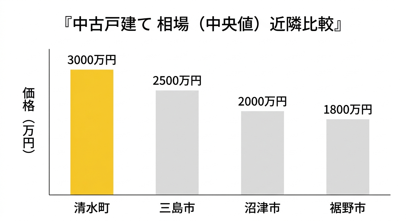 清水町・近隣市町の中古戸建て中央値の比較