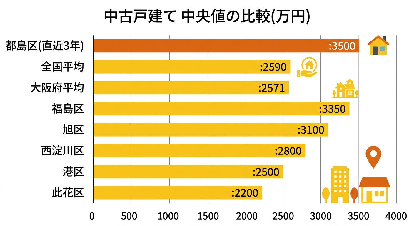 都島区と周辺エリアの中古戸建て中央値の比較
