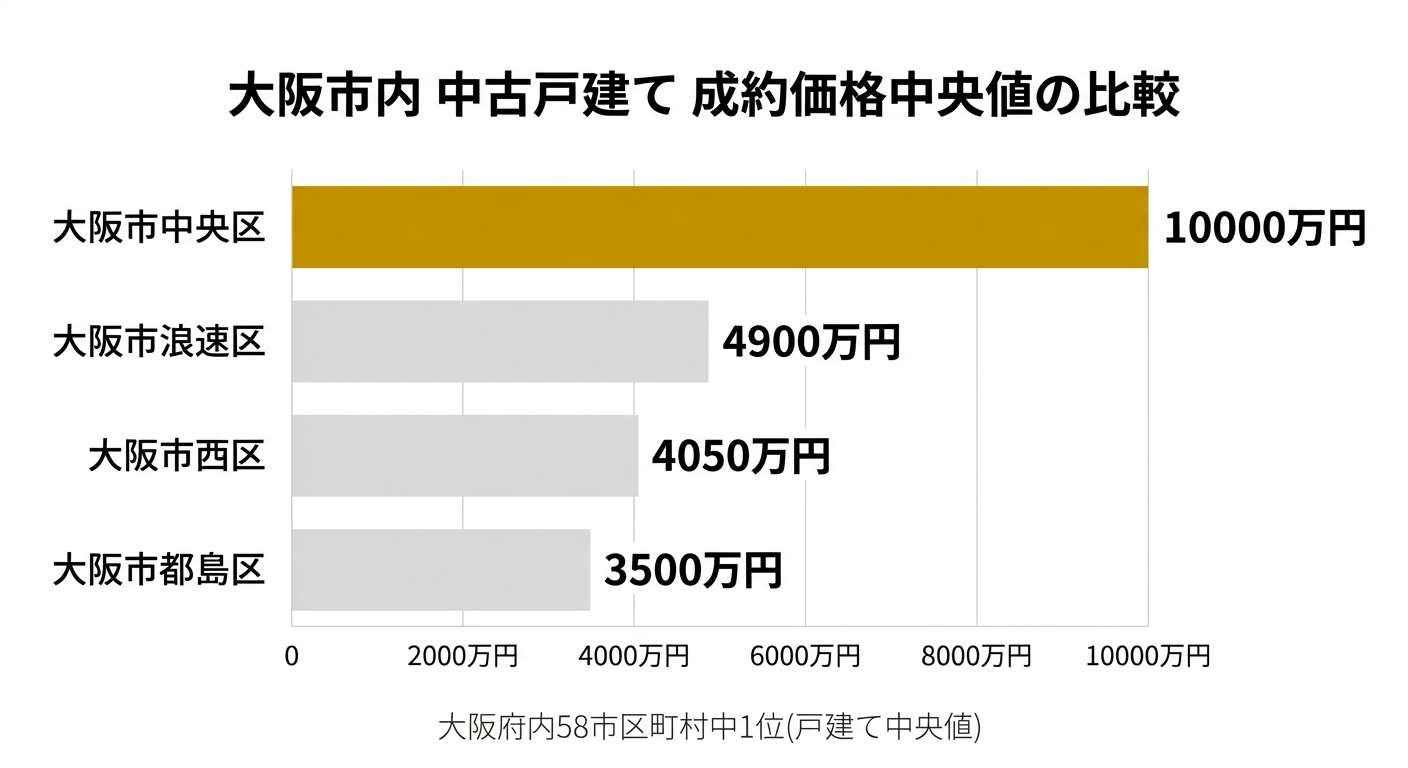大阪市内・近隣区の中古戸建て中央値の比較