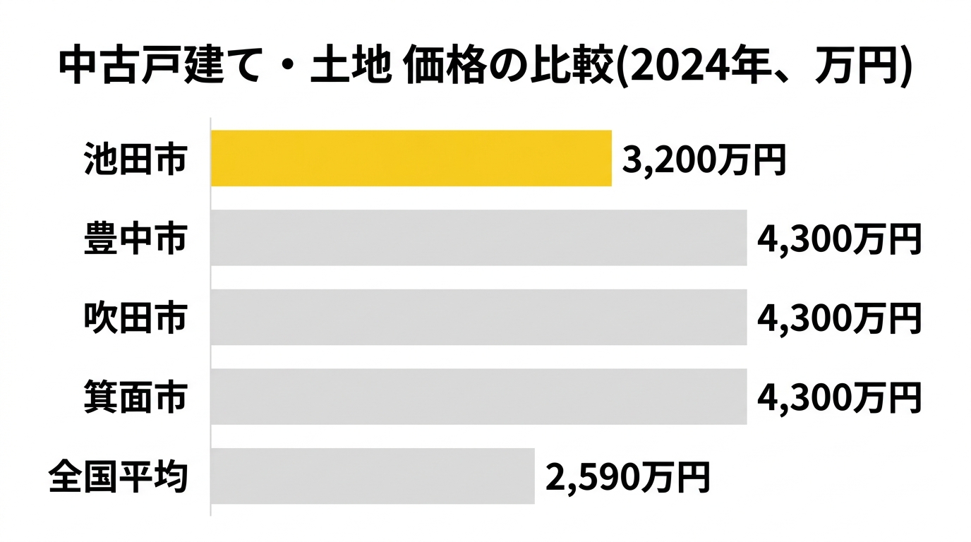 池田市と近隣の豊中市・吹田市・箕面市、全国平均との中古戸建て・土地価格の比較(2024年、万円)