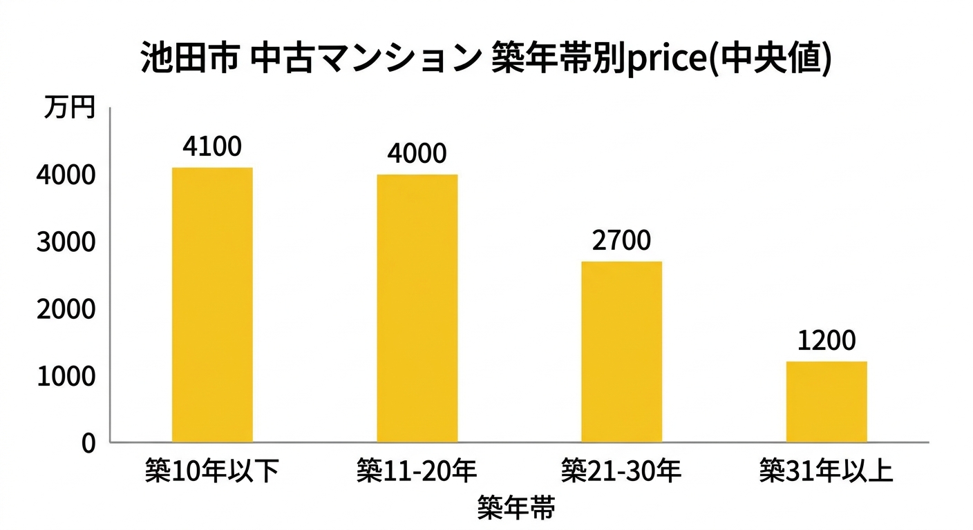 池田市 中古マンション 築年帯別price(中央値)
