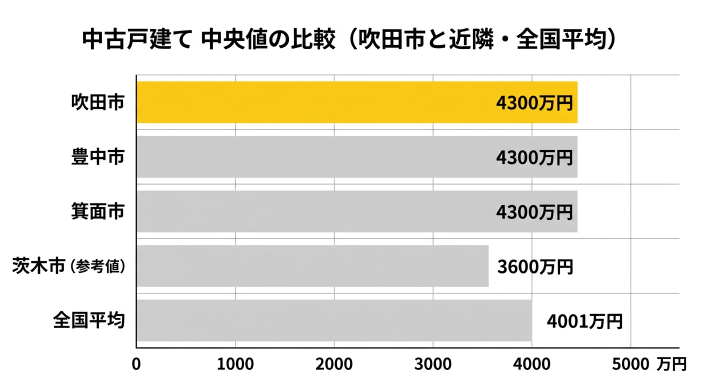 吹田市 中古戸建て 中央値の比較 近隣市と全国平均