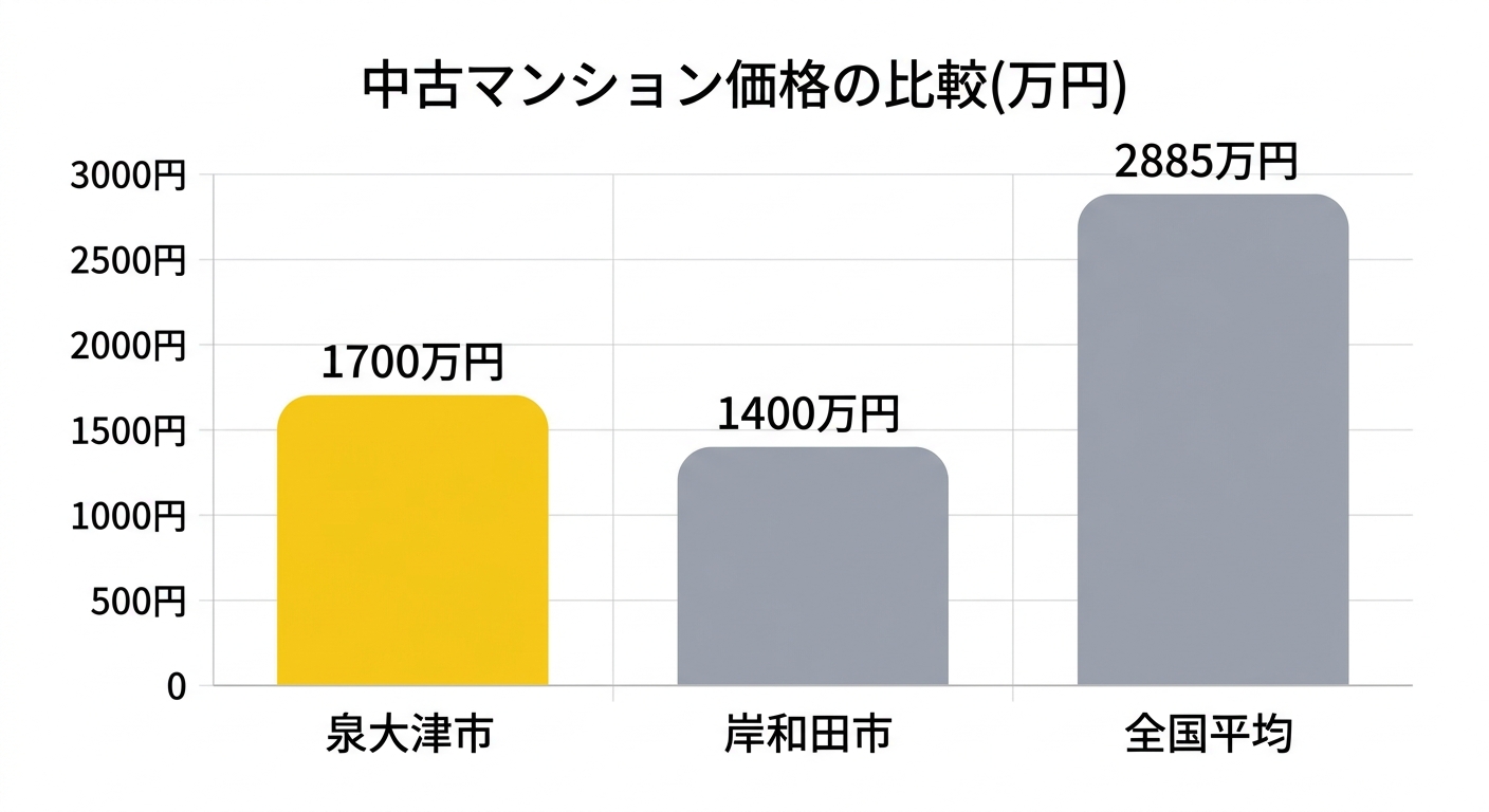 中古マンション価格の比較(泉大津市・岸和田市・全国平均、万円)