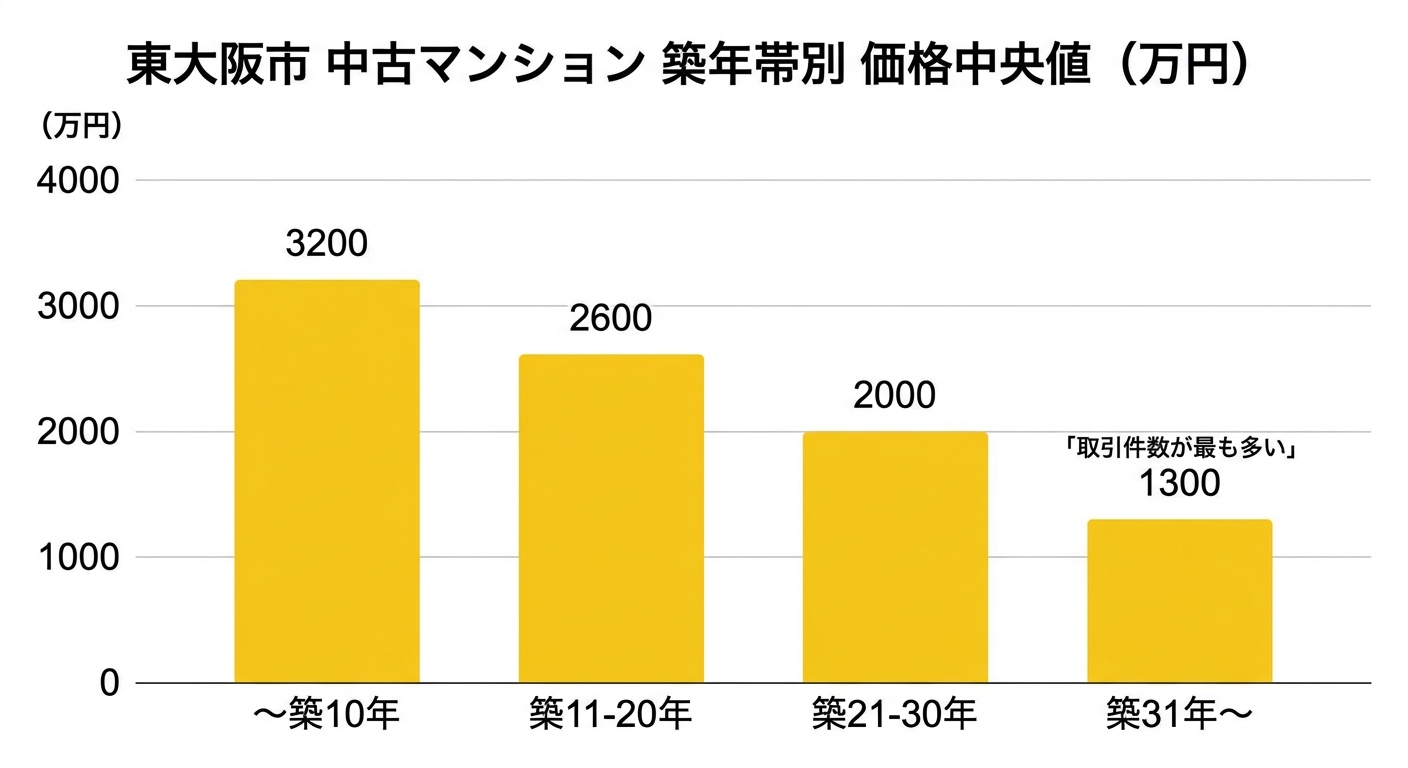 東大阪市の中古マンション築年帯別の中央値(直近データ)