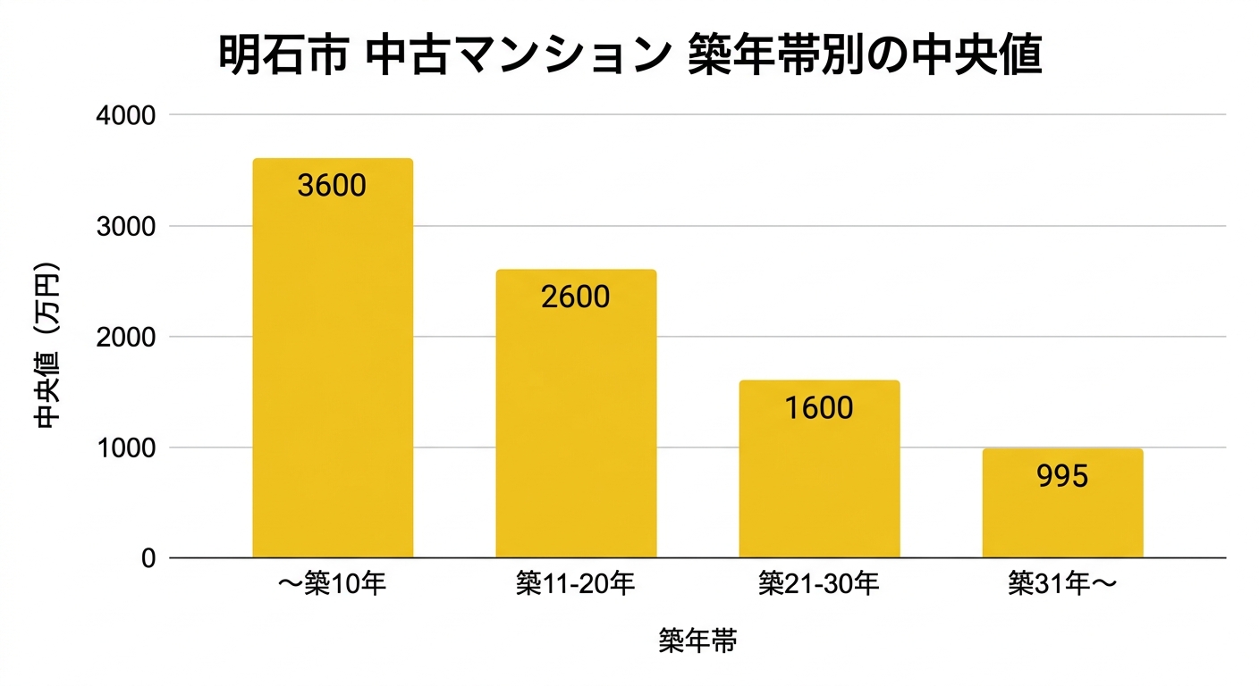 明石市の中古マンション 築年帯別の中央値