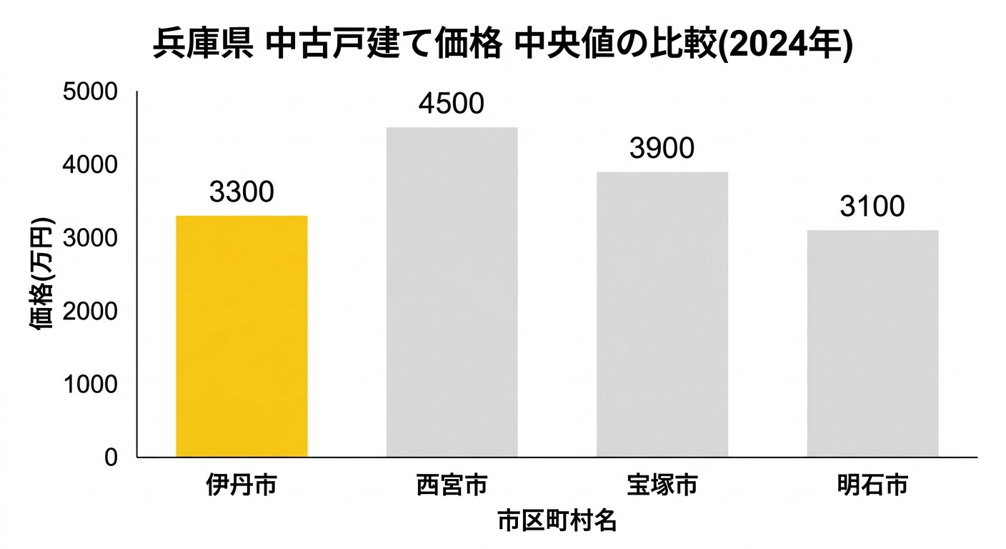兵庫県 中古戸建て価格の市区町村比較(伊丹市・西宮市・宝塚市・明石市、2024年中央値)