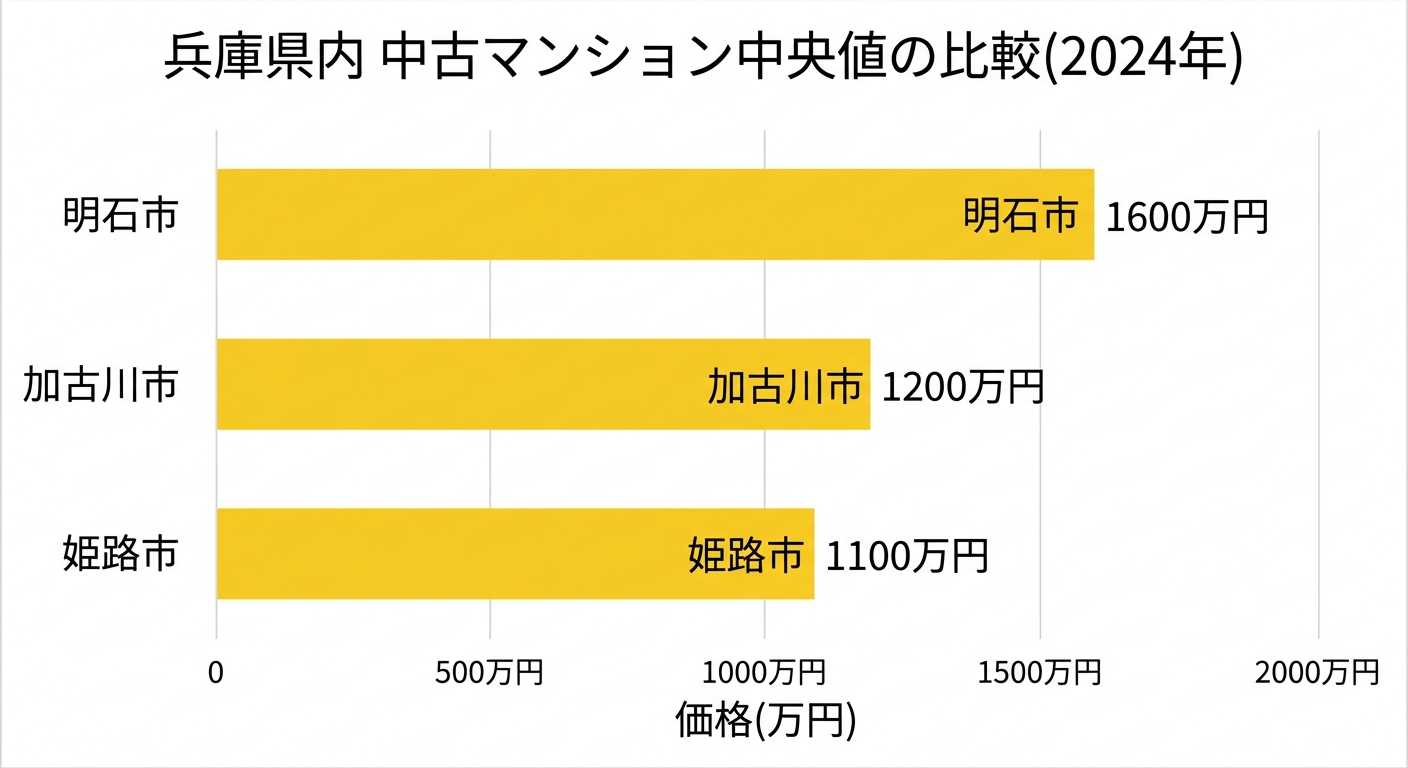 兵庫県内 中古マンション中央値の比較(2024年)