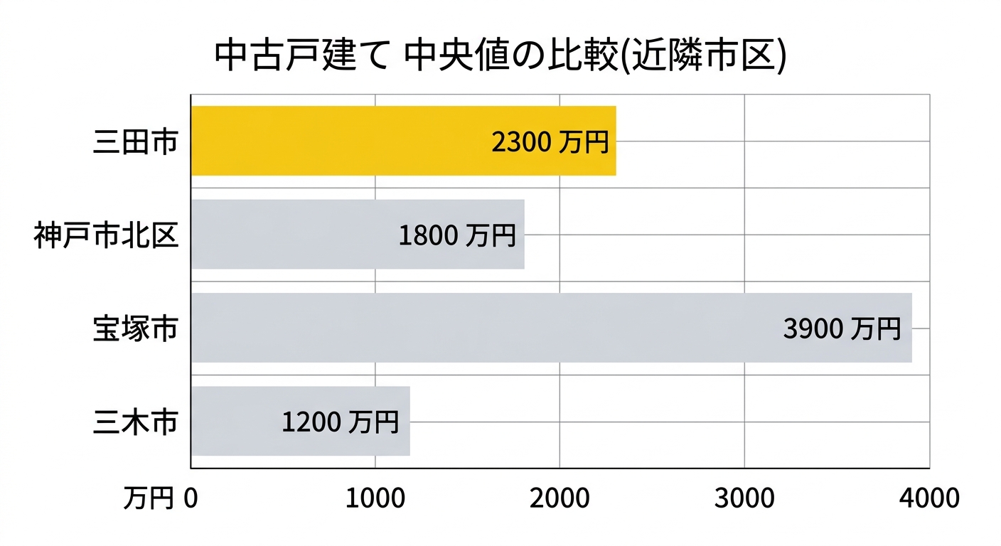 中古戸建て中央値の比較(三田市と近隣市区)