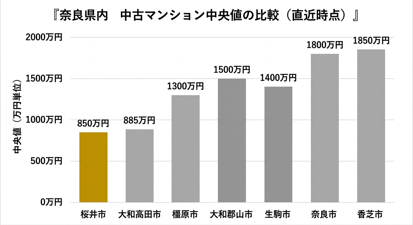 奈良県内の中古マンション中央値の比較(直近時点)