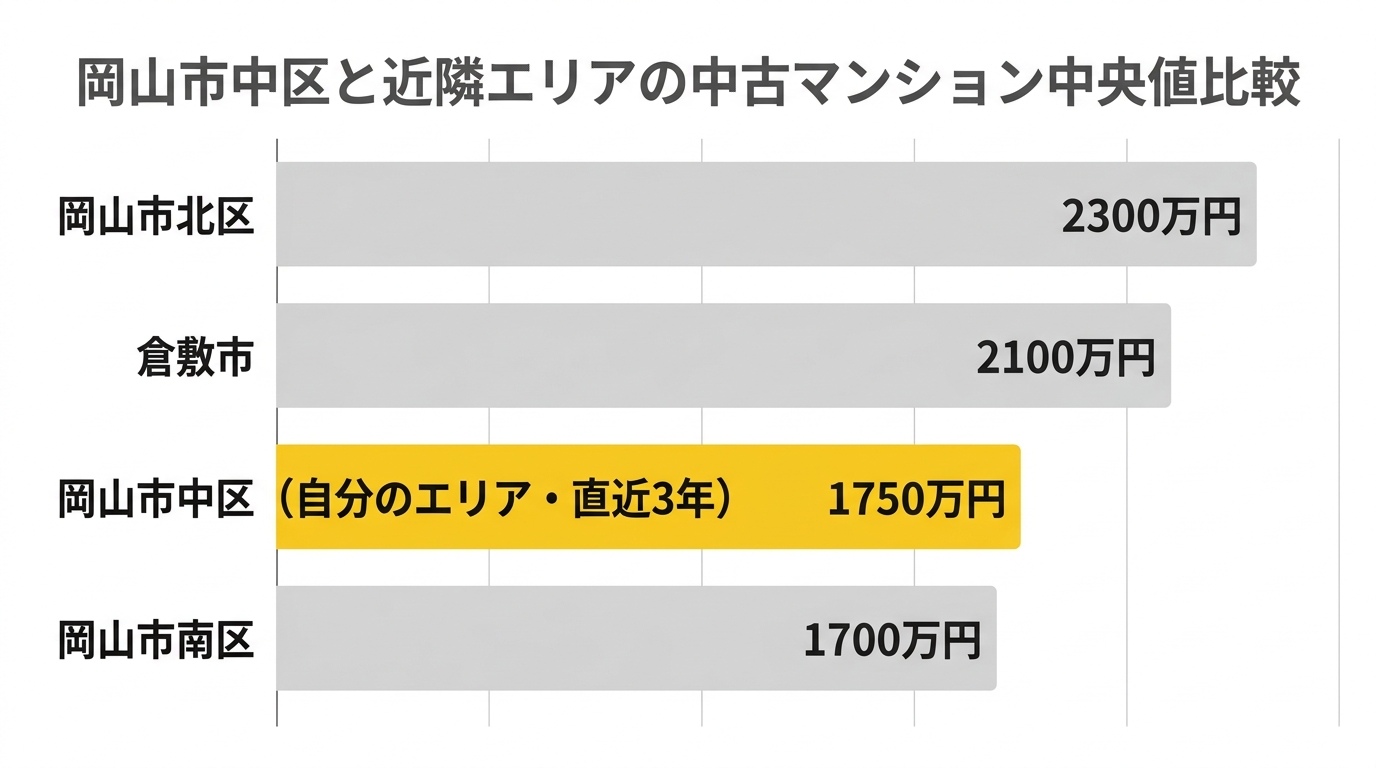 岡山市中区と近隣エリアの中古マンション中央値比較