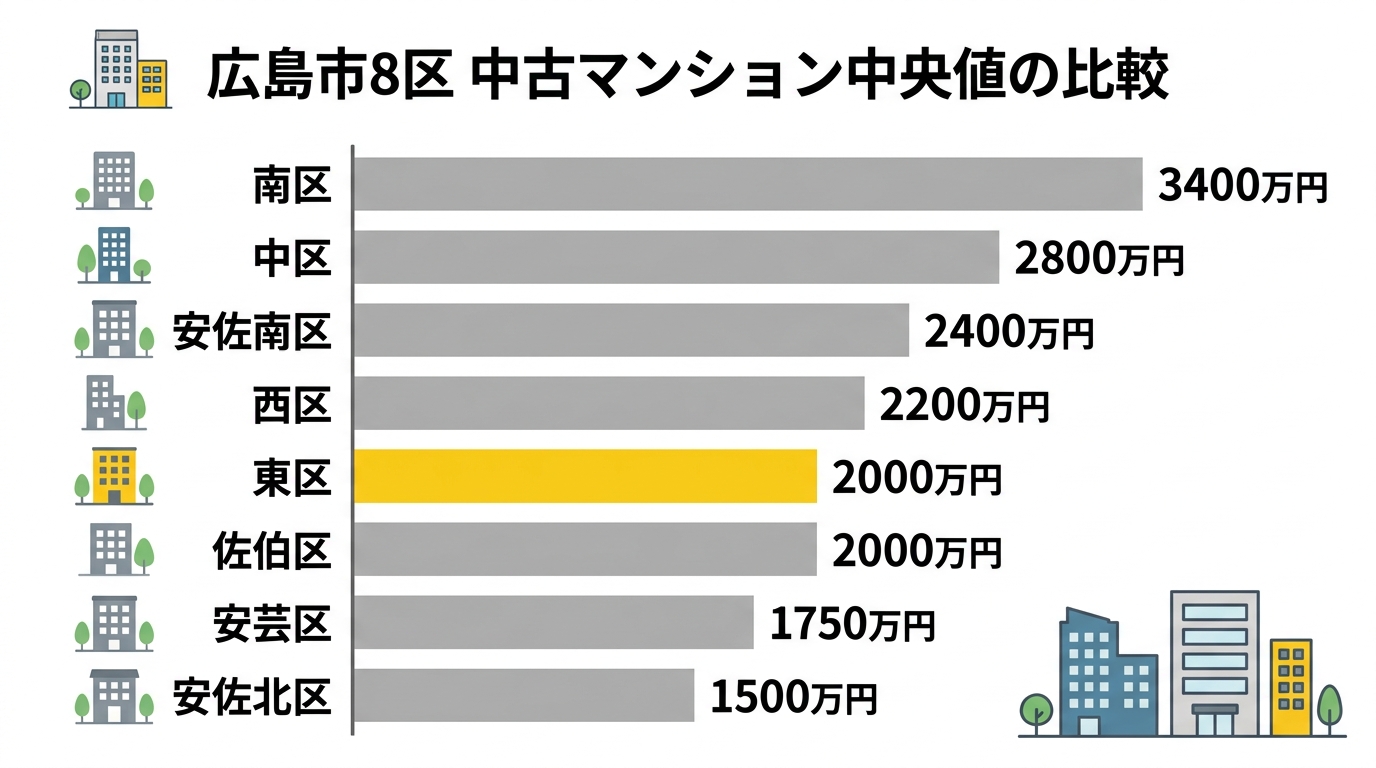 広島市8区の中古マンション中央値の比較