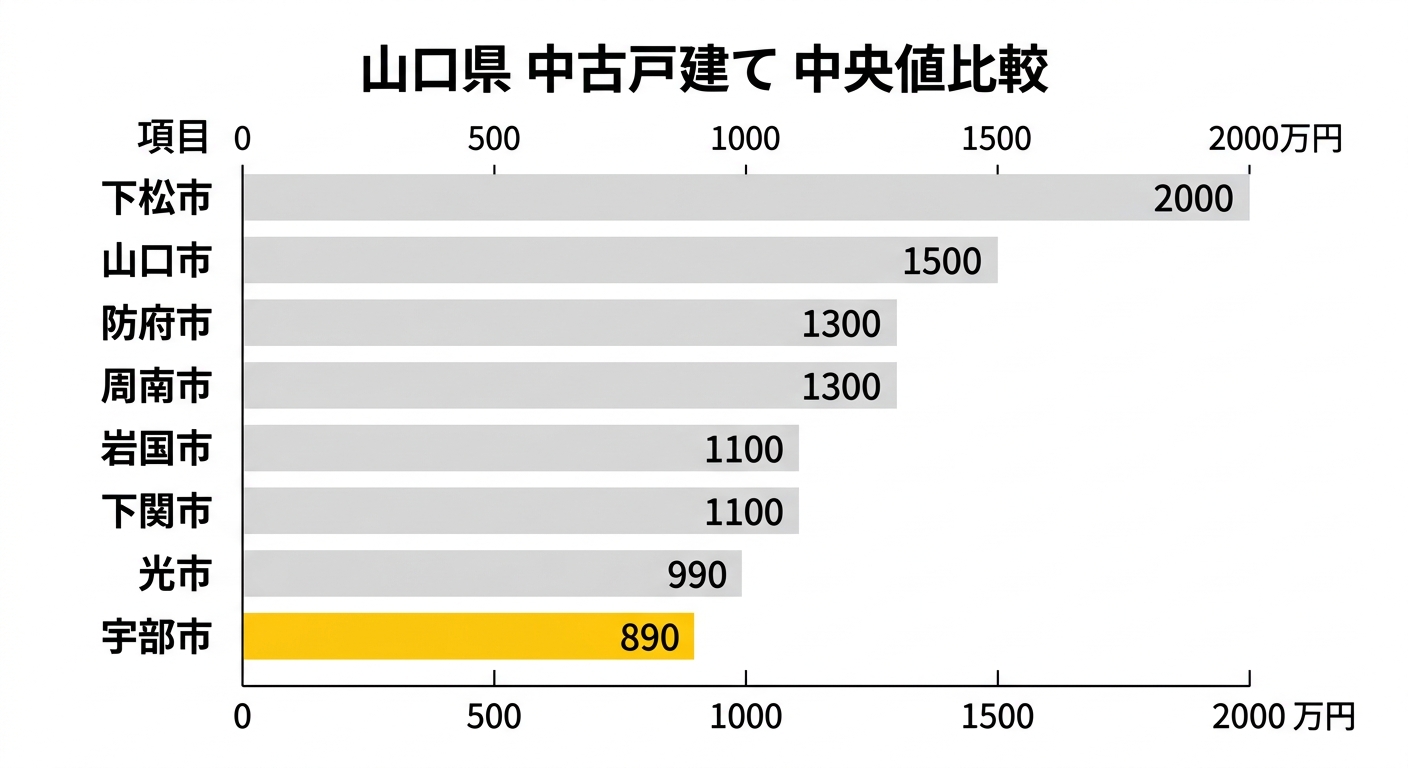 山口県 中古戸建て 中央値比較(宇部市と県内主要市)