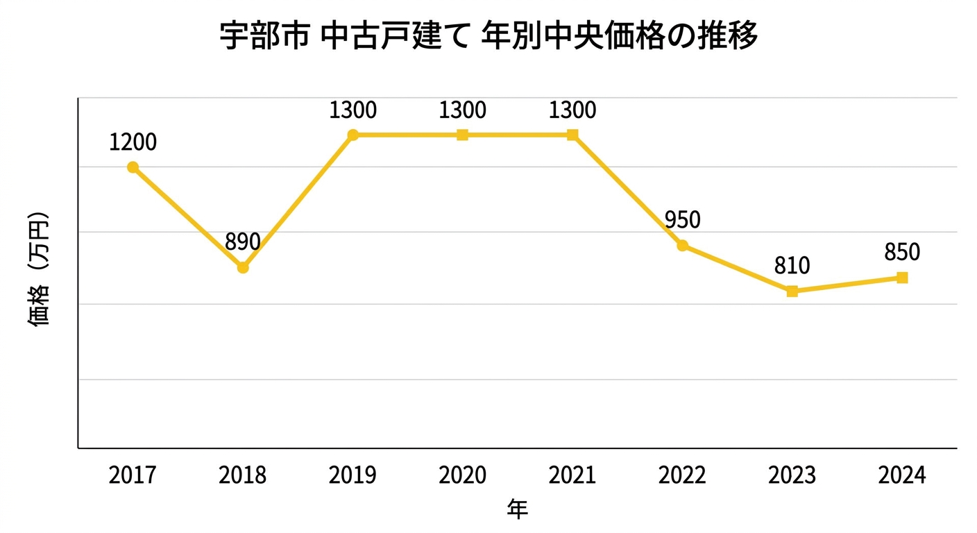 宇部市 中古戸建て 年別中央価格の推移(2017年〜2024年)