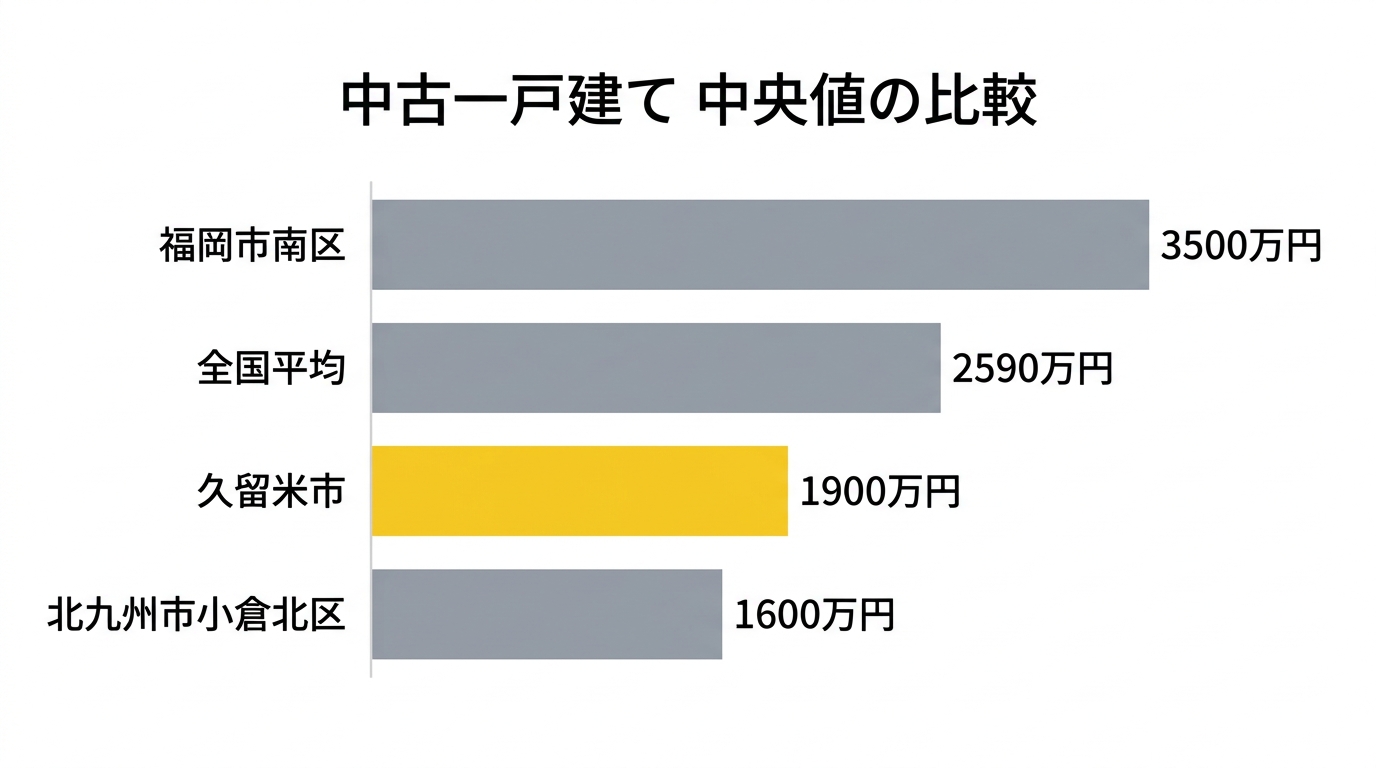 中古一戸建て・土地の中央値の比較(久留米市・全国平均・福岡市南区・北九州市小倉北区)